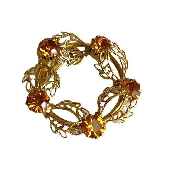 Vintage Wreath Brooch Faux Citrine Rhinestone Gold - Picture 1 of 7